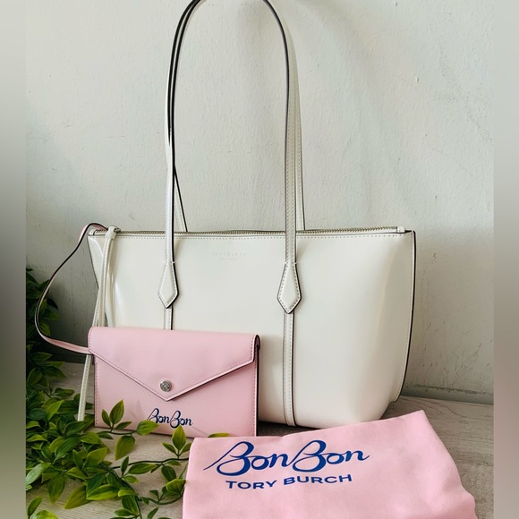 NWT TORY BURCH X BONBON PERRY ZIP TOTE W/POUCH VANILLA MARSHMALLOW
